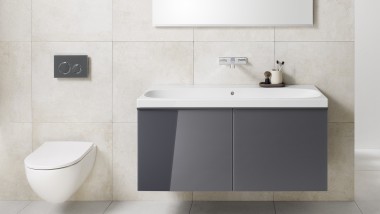 Bathroom with furniture made of wood from the Geberit Acanto series